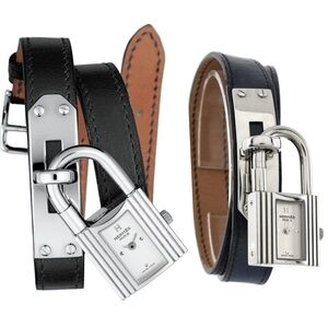 HERMÈS Kelly double tour PM 20 mm Hermès Black Leather Steel watch 3269061 NEW